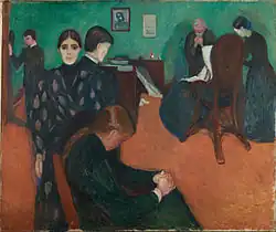 Death in the Sickroom, 1893, .mw-parser-output .frac{white-space:nowrap}.mw-parser-output .frac .num,.mw-parser-output .frac .den{font-size:80%;line-height:0;vertical-align:super}.mw-parser-output .frac .den{vertical-align:sub}.mw-parser-output .sr-only{border:0;clip:rect(0,0,0,0);clip-path:polygon(0px 0px,0px 0px,0px 0px);height:1px;margin:-1px;overflow:hidden;padding:0;position:absolute;width:1px}134 cm × 160 cm (52+3⁄4 in × 63 in), Munch Museum, Oslo