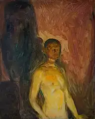 Self-Portrait in Hell, 1903, .mw-parser-output .frac{white-space:nowrap}.mw-parser-output .frac .num,.mw-parser-output .frac .den{font-size:80%;line-height:0;vertical-align:super}.mw-parser-output .frac .den{vertical-align:sub}.mw-parser-output .sr-only{border:0;clip:rect(0,0,0,0);clip-path:polygon(0px 0px,0px 0px,0px 0px);height:1px;margin:-1px;overflow:hidden;padding:0;position:absolute;width:1px}82 cm × 66 cm (32+1⁄4 in × 26 in), Munch Museum, Oslo
