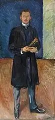 Self-Portrait with Brushes, 1904, .mw-parser-output .frac{white-space:nowrap}.mw-parser-output .frac .num,.mw-parser-output .frac .den{font-size:80%;line-height:0;vertical-align:super}.mw-parser-output .frac .den{vertical-align:sub}.mw-parser-output .sr-only{border:0;clip:rect(0,0,0,0);clip-path:polygon(0px 0px,0px 0px,0px 0px);height:1px;margin:-1px;overflow:hidden;padding:0;position:absolute;width:1px}197 cm × 91 cm (77+1⁄2 in × 35+3⁄4 in), Munch Museum, Oslo