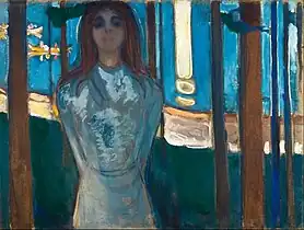 The Voice / Summer Night, 1896, .mw-parser-output .frac{white-space:nowrap}.mw-parser-output .frac .num,.mw-parser-output .frac .den{font-size:80%;line-height:0;vertical-align:super}.mw-parser-output .frac .den{vertical-align:sub}.mw-parser-output .sr-only{border:0;clip:rect(0,0,0,0);clip-path:polygon(0px 0px,0px 0px,0px 0px);height:1px;margin:-1px;overflow:hidden;padding:0;position:absolute;width:1px}90 cm × 119 cm (35+1⁄2 in × 46+3⁄4 in), Munch Museum, Oslo