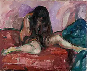 Weeping Nude, 1913–1914, .mw-parser-output .frac{white-space:nowrap}.mw-parser-output .frac .num,.mw-parser-output .frac .den{font-size:80%;line-height:0;vertical-align:super}.mw-parser-output .frac .den{vertical-align:sub}.mw-parser-output .sr-only{border:0;clip:rect(0,0,0,0);clip-path:polygon(0px 0px,0px 0px,0px 0px);height:1px;margin:-1px;overflow:hidden;padding:0;position:absolute;width:1px}110 cm × 135 cm (43+1⁄4 in × 53+1⁄4 in), Munch Museum, Oslo