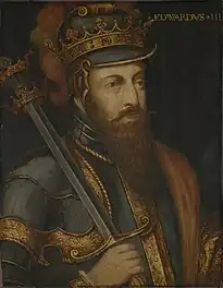 a head and shoulders drawing of Edward III, in armour and bearing a sword