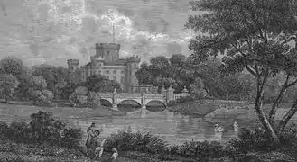 Eglinton castle and bridge. This shows three arches and other differences compared with the surviving bridge.