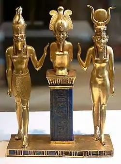 Pendant bearing the cartouche of Osorkon IIseated Osiris flanked by Horus and Isis