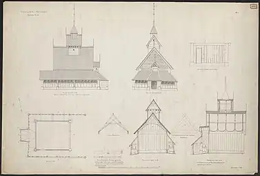 Ground plan, longitudinal section, cross section, elevation of the west façade and north façade, elevation of the south wall of the church.