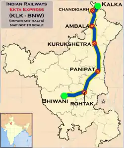 Ekta Express (Kalka – Bhiwani) Route map