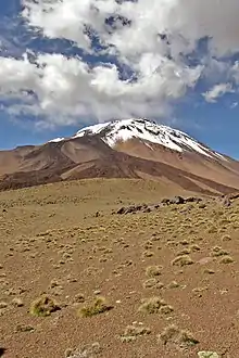 Brown lava flows form a finger-like pattern on the slopes of the volcano