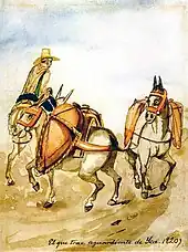 Painting of a man on horseback leading two pack animals