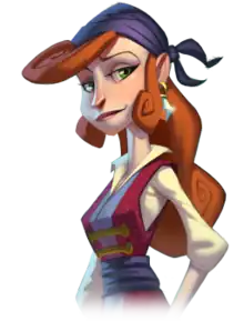 A woman depicted in a stylized art form. Possessing long red hair and green eyes, the woman wears a traditional pirate outfit with a blue headscarf. An earring with a large diamond hangs from her left ear.