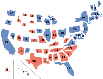 Results by state and the District of Columbia, scaled by number of Electors per state.