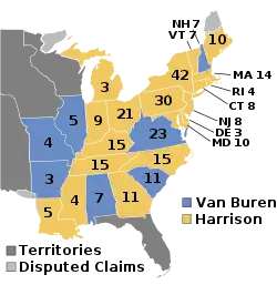 Map of the U.S. as it was in 1840, with electoral votes shown