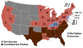 Map of the U.S. showing Lincoln winning all the Union states except for Kentucky, New Jersey, and Delaware. The Southern states are not included.