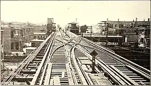 A sepia image of a double-tracked elevated line with a diamond crossing near the camera. In the distance is a station with two platforms with hipped-roof canopies, with the left platform having a square tower.