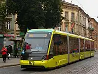 Modern low-floor tram Electron T5L64 on route 9a