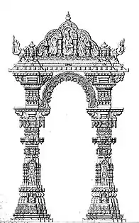 Artistic rendition of the Kirtistambh, a surviving portion of the 10-11th century Rudra Mahalaya Temple. The temple was partly destroyed by the Sultan of Delhi, Alauddin Khalji, in 1296 CE, with part converted into a mosque and further parts destroyed by Ahmed Shah I in the fifteenth century.