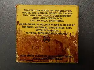 Eley-Kynoch consumer packaging for .30/30 centrefire rifle cartridges