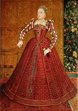 Image 11Elizabeth I of EnglandArtist: Steven van der MeulenThe "Hampden" portrait of Elizabeth I of England was painted by the Flemish artist Steven van der Meulen in the mid to late 1560s.  Art historian Sir Roy Strong has suggested that this is "one of a group produced in response to a crisis over the production of the royal image" as a number of old-fashioned and unflattering portraits of the queen were then in circulation.  This is the earliest full-length (2 m or 7 ft tall) portrait of the young queen, and depicts her in red satin trimmed with pearls and jewels.  It represents a phase in the portraiture of Elizabeth I before the emergence of allegorical images representing the iconography of the "Virgin Queen". In November 2007 it was auctioned by Sotheby's for ₤2.6 million, more than twice the maximum predicted.More featured pictures