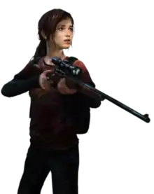 Artwork of a teenage girl, with brown hair. She is holding a sniper rifle in front of her, and looking at something to her left.