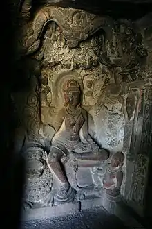 Ellora Caves. Cave 34. The yakshini Ambika, the yakshini of Neminath at a Jain Cave at Ellora