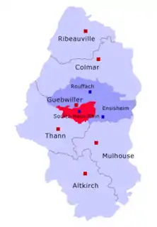 Situation of the canton of Soultz-Haut-Rhin in the arrondissement of Guebwiller and in the département of Haut-Rhin