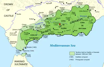 Map of the southern Spain, with territories of Granada marked in green