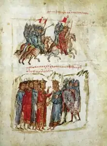 Two scenes: the top shows a group of soldiers on horses fleeing, and the bottom one shows two monarchs meeting, accompanined by other figures