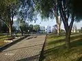 A pathway from the library towards central campus