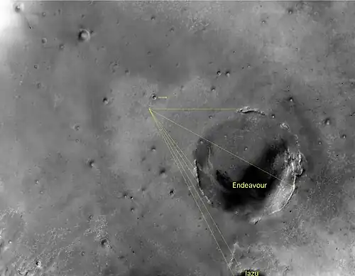 Annotated image showing the position of Opportunity on March 7, 2009, and names for the craters Iazu, Endeavour, and Victoria.