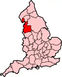 Image 15Lancashire, nicknamed "The Red Rose County" within England, showing ancient extent (from History of Lancashire)