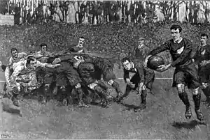 Painting of the aftermath of a rugby scrum, with a player from one team running with the ball towards the opposition goal-line while an opponent runs to intercept him.