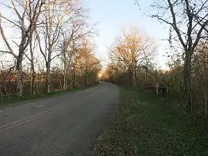 Tree-lined County Road 42 winds through the rural area.