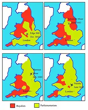 Image 8Maps of territory held by Royalists (red) and Parliamentarians (green) during the English Civil War (1642–1645) (from History of England)