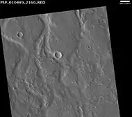 Enipeus Vallis in the Arcadia quadrangle, as seen by HiRISE.  Scale bar is 500 meters long.