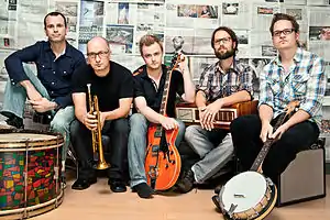 Enter the Haggis in 2012.  From left to right: Bruce McCarthy, Craig Downie, Brian Buchanan, Trevor Lewington, and Mark Abraham