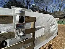 Cameras and environmental sensors help students and teachers monitor land lab conditions in real time.  This sensor takes photos of growing plants, records humidity / temperature / soil moisture and light levels.