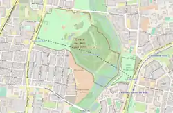 OSM map of the Erholungspark Marzahn showing the IGA Cable Car route. Nearest U-Bahn stations (right) and tramway stops (left) are shown in the map.