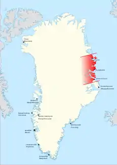 Map of Greenland showing location of Jónsbú Station within Erik the Red's Land.