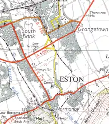 Railways around Eston in 1954, showing the Normanby Branch (left) and Eston Branch (right) with Eston station near the bottom