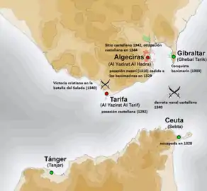 Map of the Strait of Gibraltar with its ports annotated in various colours.