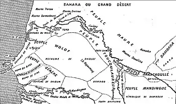 French-perceived groupings in Senegal near 1850. Bundu is shown in the lower center. Local people may well have disputed these boundaries or their firmness.