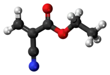 Ball-and-stick model of the ethyl cyanoacrylate molecule