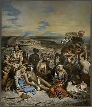 Eugène Delacroix, Massacre at Chios, 1824, 419 cm × 354 cm, Louvre. This painting springs directly from Géricault's The Raft of the Medusa and was painted in 1824, the year Géricault died.