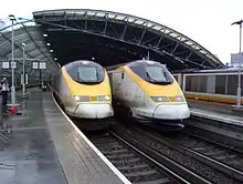 Image 63A pair of Eurostar trains at the former Waterloo International since moved to St Pancras International (from 1990s)