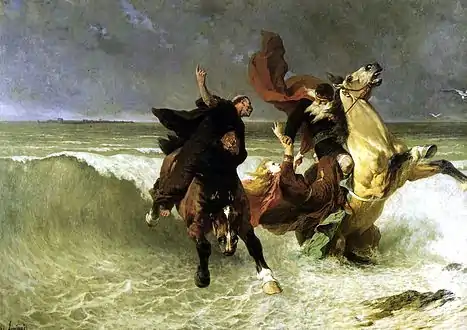 The painting "La Fuite de Gradlon" by Evariste-Vital Luminais. This work is held in Quimper's Musée de beaux-arts. In the legend Gradlon's daughter Dahut was possessed by a half-fairy, half-woman. He rejected her and she became the most evil woman in Brittany. She stole keys to the sluice gates and caused the seas to engulf the city of Caer Ys. Gradlon tried to rescue his daughter, unaware of her evil, but St. Gwendole pushed Dahut into the sea. She drowned and the waves calmed.