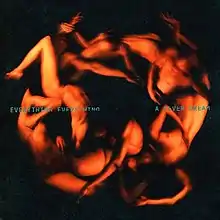 Composite photograph of a number of mostly-naked people in a circle, hue-shifted orange-red, against a black background. Horizontally across the middle of the image, the band name "Everything Everything" and album title "A Fever Dream" in teal all-caps.