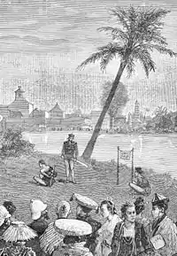 Women wearing nón Ba tầm watch the execution of a pirate chief by the Hoàn Kiếm Lake, 1886