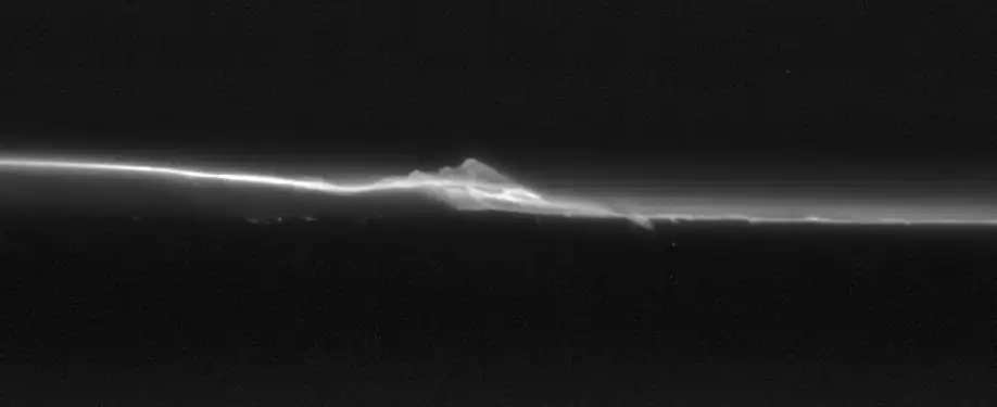 F ring dynamism, probably due to perturbing effects of small moonlets orbiting close to or through the ring's core.