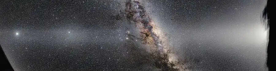 Image 61The interplanetary dust cloud illuminated and visible as zodiacal light, with its parts the false dawn, gegenschein and the rest of its band, which is visually crossed by the Milky Way (from Outer space)