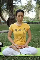 Falun Gong practitioner engaging in fifth meditation exercise