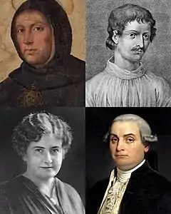 Image 62Clockwise from top left: Thomas Aquinas, proponent of natural theology and the Father of Thomism; Giordano Bruno, one of the major scientific figures of the Western world; Cesare Beccaria, considered the Father of criminal justice and modern criminal law; and Maria Montessori, credited with the creation of the Montessori education (from Culture of Italy)